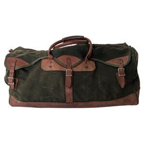 Vintage Orvis Weekender Duffle Bag Green Leather Canvas Buckle Top Handle Travel